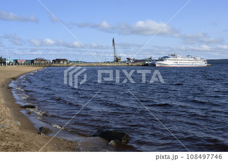 Berth on Lake Onega with ships and cranes in Petrozavodsk, Karelia, Russia Berth on Lake Onega with ships and cranes in Petrozavodsk, Karelia, Russia 108497746