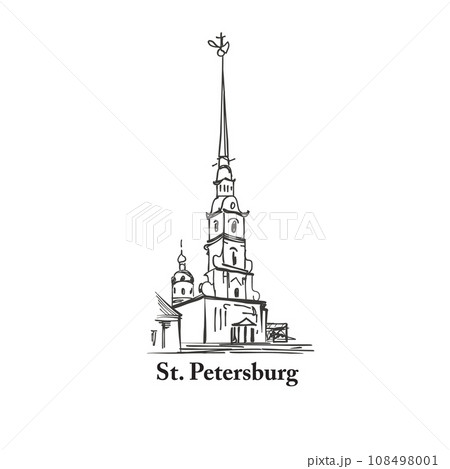 Saint-Petersburg city destination icon, Russia. Saint Peter and Paul Cathedral building sketch. Russian travel background. 108498001