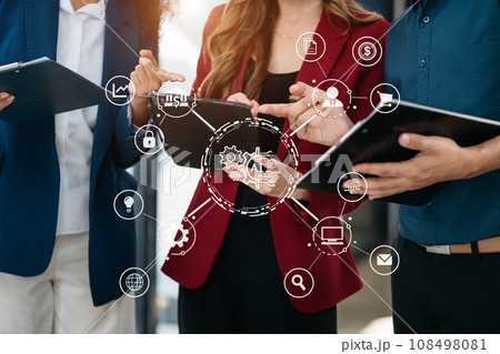 Digital transformation technology strategy, Person using laptop, tablet and smartphone with of things. Digital transformation technology strategy, Person using laptop, tablet and smartphone with of things. 108498081