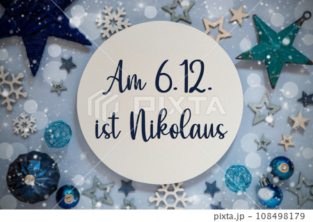 Text Nikolaus 6.12., Means Happy Nikolaus, Blue Flatlay Christmas Decor 108498179
