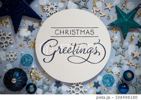 Text Christmas Greetings, Blue Flatlay, Christmas, Winter Decor 108498180