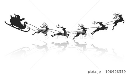 Santa on a sleigh with reindeers, silhouette with reflection on a white background. Winter illustration, vector 108498559
