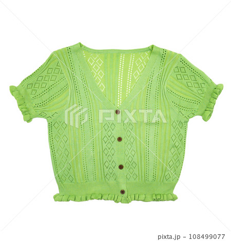 green pastel Short sleeve T shirt cardigan full body for women shows with white background. Clipping Path. green pastel Short sleeve T shirt cardigan full body for women shows with white background. Clipping Path. 108499077