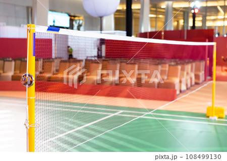 badminton net Close up shot of a used in court with blurred background in sports stadium. 108499130