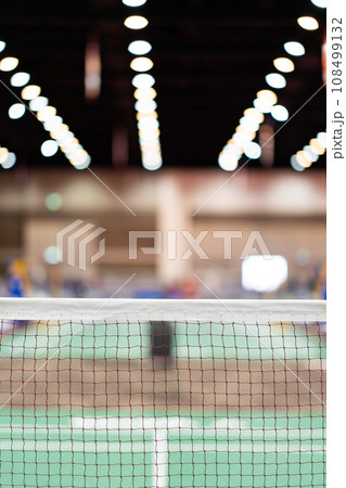 badminton net Close up shot of a used in court with blurred background in sports stadium. 108499132