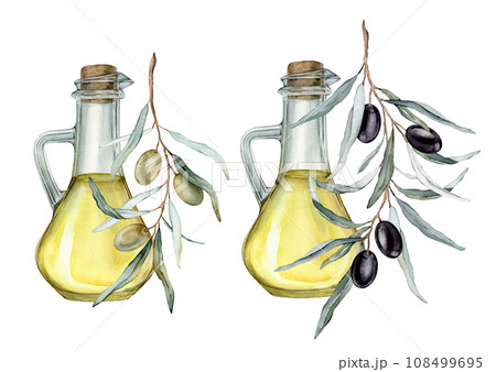 Olive oil in glass bottle. Hand drawn illustration isolated background. Natural fresh organic yellow vegetable oil in jar realistic watercolor image. Pure vegan seasoning. For design 108499695