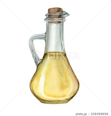Olive or sunflower oil in glass bottle. Hand drawn illustration isolated on white background. Natural fresh organic yellow vegetable oil in jar realistic watercolor image. Pure vegan seasoning. Olive or sunflower oil in glass bottle. Hand drawn illustration isolated on white background. Natural fresh organic yellow vegetable oil in jar realistic watercolor image. Pure vegan seasoning. 108499699