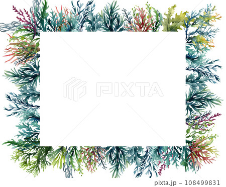 Seaweed underwater plants. Green Laminaria watercolor illustartion. Nautical frame 108499831
