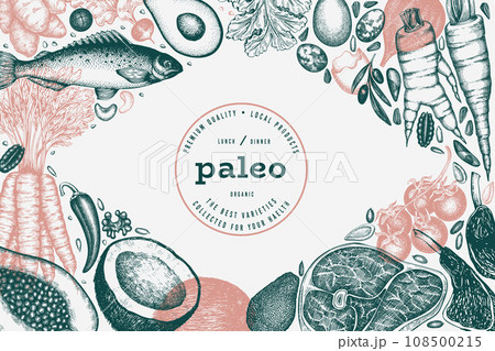 Paleo Diet Design Template. Vector Hand Drawn Healthy Food Banner. Vintage Style Menu Illustration. Paleo Diet Design Template. Vector Hand Drawn Healthy Food Banner. Vintage Style Menu Illustration. 108500215