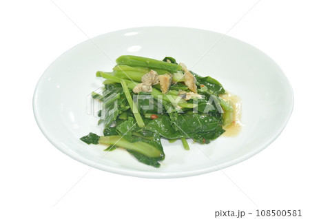 fried Chinese kale with chop salty fish in oyster sauce on plate fried Chinese kale with chop salty fish in oyster sauce on plate 108500581