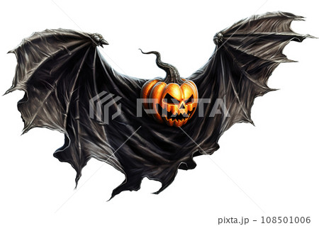 Scary, flying Halloween pumpkin, Jack O'Lantern with bat wings, isolated on white background. Happy Halloween decoration. Spooky face. Cut out element. Trick or treat. Generative AI. 108501006