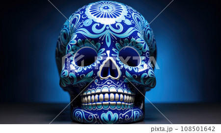 Typical Mexican skull painted isolated on blue background. Panorama view. Dia de los muertos Typical Mexican skull painted isolated on blue background. Panorama view. Dia de los muertos 108501642