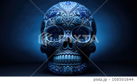 Typical Mexican skull painted isolated on blue background. Panorama view. Dia de los muertos 108501644