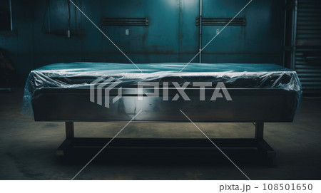 Empty metal bed in autopsy room. The table for dead body. Forensic doctor Empty metal bed in autopsy room. The table for dead body. Forensic doctor 108501650