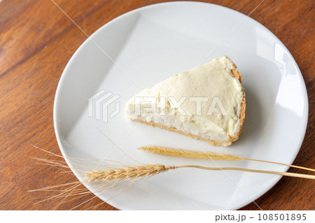 Clear Coconut Cream Pie in the dish on the wood table without anything topping on it. Shooting in the sunlight. Clear Coconut Cream Pie in the dish on the wood table without anything topping on it. Shooting in the sunlight. 108501895
