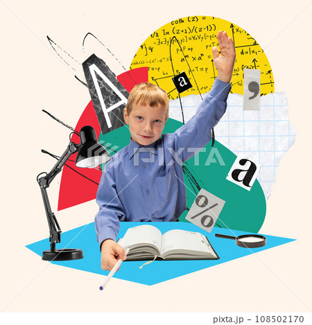 Little boy, child attending math lesson, raising hand to give answer. Contemporary art collage. 108502170