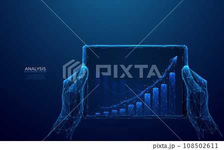 Technology hands holding tablet with growth histogram. 108502611