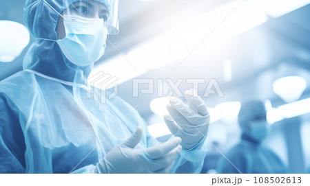 A surgeon medical doctor prepare to perform surgery in hospital operating room, with blurred background, healthcare and hospital concept. Generative AI 108502613
