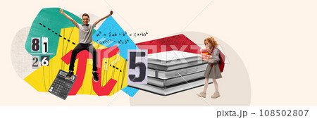 Happy boy, child finishing successfully math homework. L:ittle girl carrying many books. Contemporary art collage. 108502807