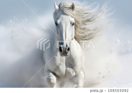White horse with long mane galloping across winter snowy field 108503092