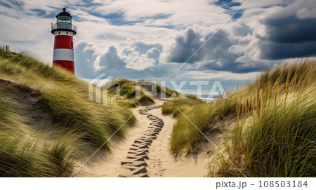 Extremely beautiful natural landscape with pathway leading through the dunes towards red and white striped lighthouse 108503184