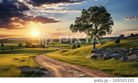 Extremely beautiful natural landscape with road alongside agricultural land on a sunset. 108503185