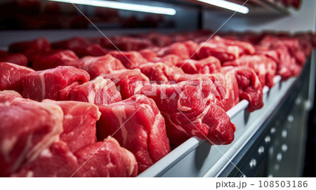 Fresh meat chunks arranged in a row in a large fridge 108503186