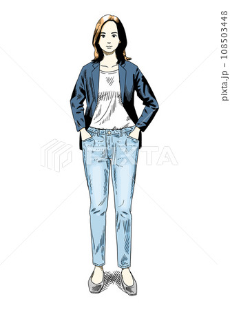 ポケットに手を入れて立つ女性の全身像 108503448