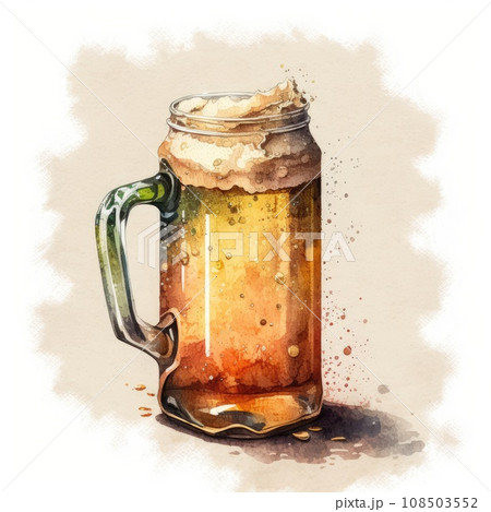 Craft beer with foam in a large glass mug on a white background. Watercolor style. Generative Ai 108503552
