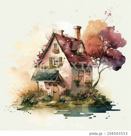 Cute old house and trees. Watercolor cottage on white background. Villa with garden. Generative Ai 108503553