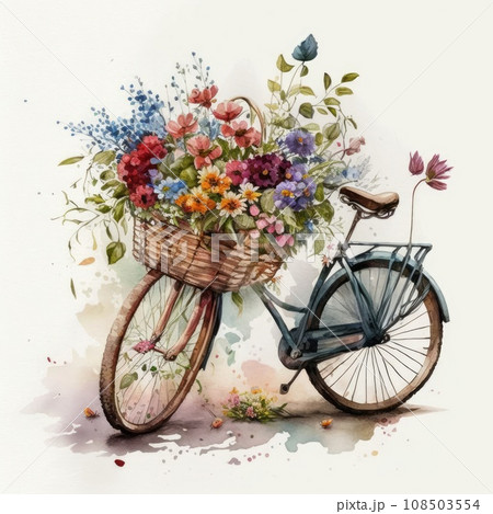 Retro bicycle with flowers in the basket on white background, watercolor style. Generative Ai 108503554
