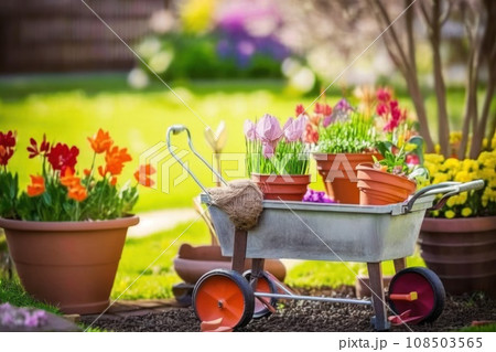 Wheelbarrow with flowers and gardening equipment Wheelbarrow with flowers and gardening equipment 108503565