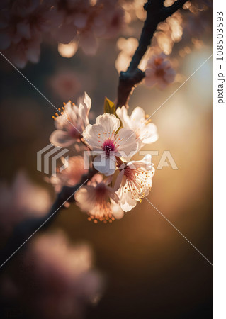 Beautiful blooming sakura tree branches. Spring pink flowers macro. Soft morning light. Japanese cherry. Generative AI 108503593
