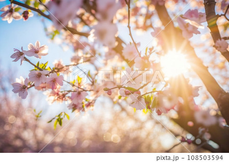 Beautiful blooming sakura tree branches. Spring nature. Pink flowers macro. Bright sunny weather. Japanese cherry. Generative AI 108503594