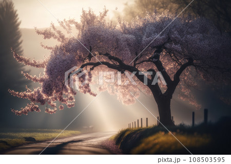 Blooming sakura tree. Spring nature. Delicate pink flowes. Morning fog. Japanese cherry 108503595