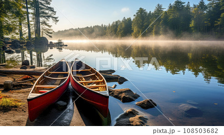 A pair of  canoes parked on a lake with spectacular landscape 108503682