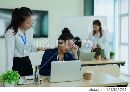 Burnout, stress and business man overworked from too much, work overload and pressure marketing corporate company. Time management, frustrated and tired employee 108503761
