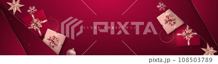 Christmas banner with red and rose gold gift boxes and balls.  108503789