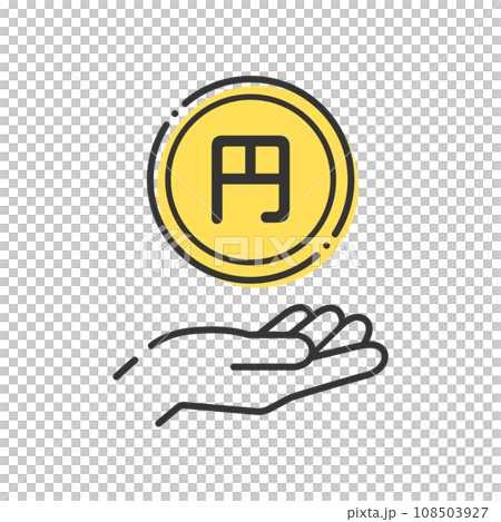 A simple icon of a coin with the word yen and a person's hand - an image of money, yen and yuan from Japan, China, etc. 108503927