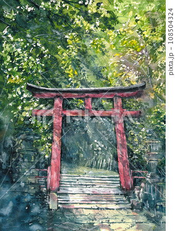 Asian Wooden Gate in Forest Hand-drawn Watercolor Painting 108504324