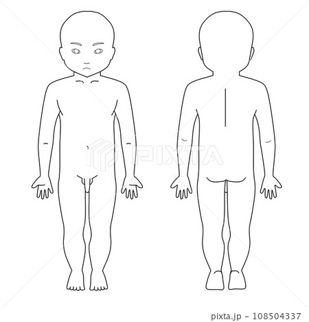 小児男児全身シェーマ図 顔有り 白黒 小児男児全身シェーマ図 顔有り 白黒 108504337