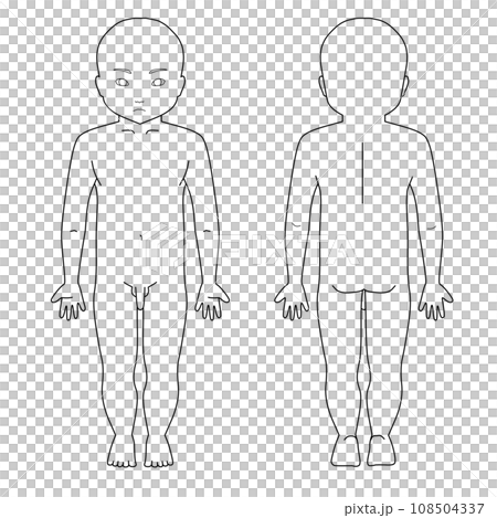 小児男児全身シェーマ図 顔有り 白黒 小児男児全身シェーマ図 顔有り 白黒 108504337