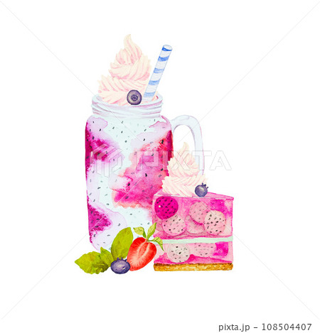 Pitahaya drink with straw, blueberry, mint, strawberries and cream, Pitahaya Ball Cake, drawing on a white background. Watercolor illustration, hand drawn. Cards, handmade textiles, prints, posters. 108504407