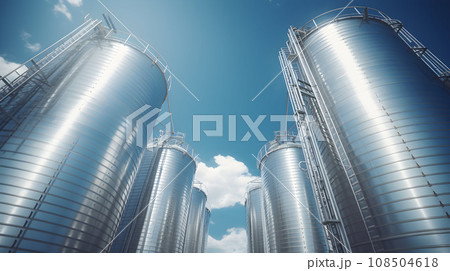 Silver oil tank in the blue sky background Silver oil tank in the blue sky background 108504618