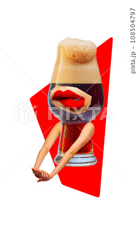 Contemporary art collage. Modern creative artwork. Big mug of foamy dark beer with red lips and female hands. Contemporary art collage. Modern creative artwork. Big mug of foamy dark beer with red lips and female hands. 108504797