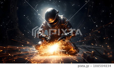 A welder in protective overalls and a welding mask A welder in protective overalls and a welding mask 108504834