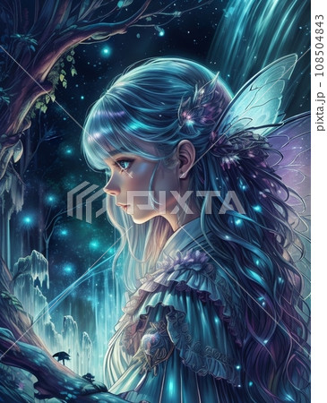 神秘的な夜の森に佇む妖精の女の子のイラスト素材 [108504843] - PIXTA