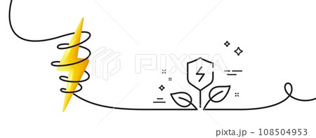 Eco power line icon. Continuous one line with curl. Electric energy sign. Charging shield symbol. Eco power single outline ribbon. Loop curve with energy. Vector 108504953