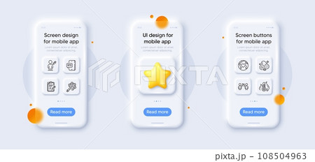 Chromium mineral, Donation and Coronavirus vaccine line icons pack. 3d phone mockups with star. Glass smartphone screen. Fever temperature, Vaccine report, Emergency call web icon. Vector 108504963