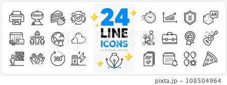 Icons set of Care, Approved teamwork and Cake line icons pack for app with Engineering team, Pizza, Coffee thin outline icon. Augmented reality, Cleaning, Print image pictogram. Vector 108504964